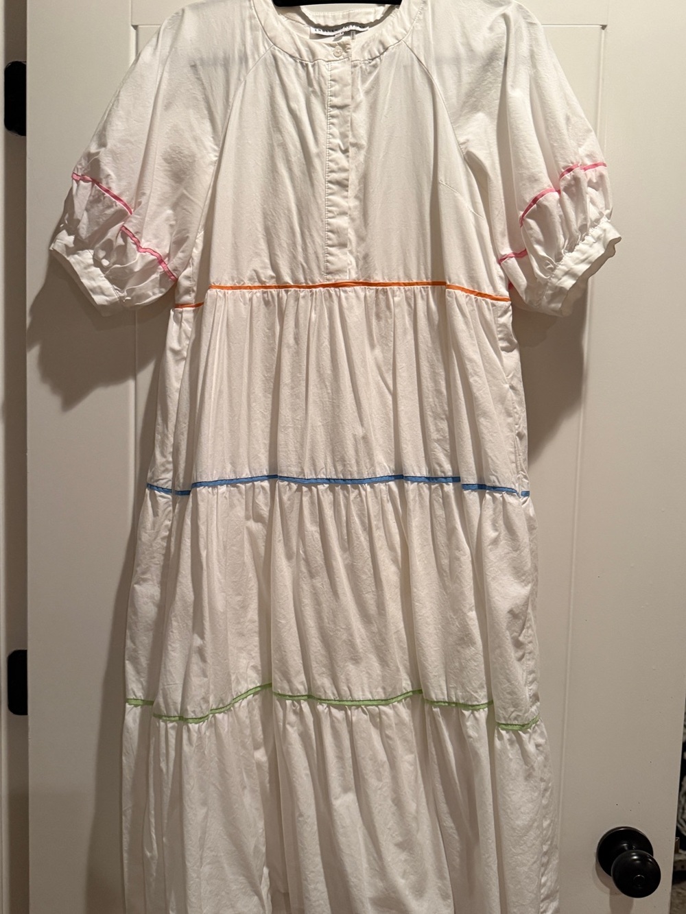 English Factory White Tiered Dress with Pink, Orange, Blue & Green Trim